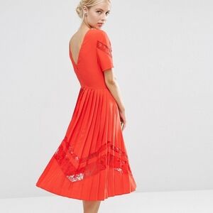 ASOS Tall Premium Pleated Midi Dress with Lace Inserts, Red, 14 Tall